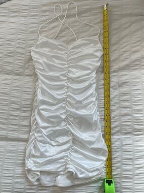Lucy in the Sky White Ruched Satin Mini Dress with Spaghetti Straps